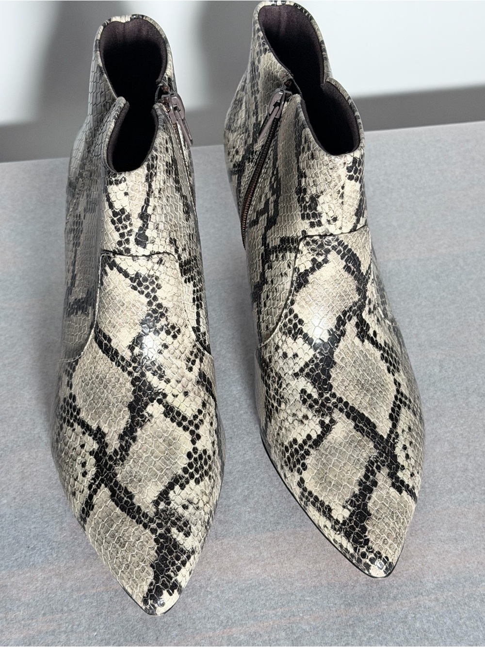 Clarks Collection Snake-Print Pointed Ankle Boots in Black & Cream 8.5